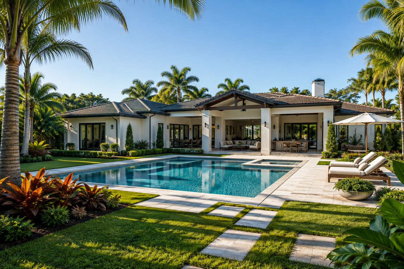 Luxury South Florida home with palms and pool