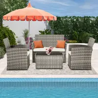 4-Piece Patio Furniture Set - Rattan Outdoor Conversation Bistro Set W-Cushions, Glass Coffee Table, Wicker Chairs & Loveseat For Garden Backyard Porch, Balcony Furniture Set 3