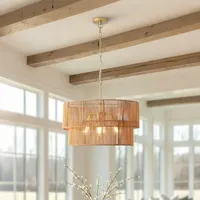 23.62in  Handwoven Woven Paper Rattan Chandelier, 2-Tier Boho Wabi-Sabi Pendant Light, Gold Metal Hanging Ceiling Lamp, Wicker Lighting Fixture For Dining Room Kitchen Island Living Room 3