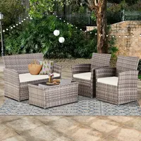 4-Piece Patio Furniture Set - Rattan Outdoor Conversation Bistro Set W-Cushions, Glass Coffee Table, Wicker Chairs & Loveseat For Garden Backyard Porch, Balcony Furniture Set 5