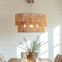 23.62in  Handwoven Woven Paper Rattan Chandelier, 2-Tier Boho Wabi-Sabi Pendant Light, Gold Metal Hanging Ceiling Lamp, Wicker Lighting Fixture For Dining Room Kitchen Island Living Room 6