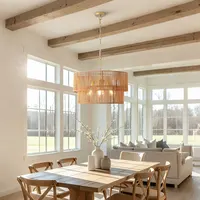 23.62in  Handwoven Woven Paper Rattan Chandelier, 2-Tier Boho Wabi-Sabi Pendant Light, Gold Metal Hanging Ceiling Lamp, Wicker Lighting Fixture For Dining Room Kitchen Island Living Room 2