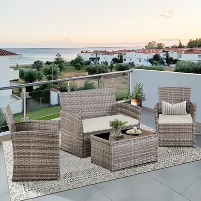 4-Piece Patio Furniture Set - Rattan Outdoor Conversation Bistro Set W-Cushions, Glass Coffee Table, Wicker Chairs & Loveseat For Garden Backyard Porch, Balcony Furniture Set