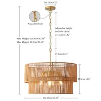 23.62in  Handwoven Woven Paper Rattan Chandelier, 2-Tier Boho Wabi-Sabi Pendant Light, Gold Metal Hanging Ceiling Lamp, Wicker Lighting Fixture For Dining Room Kitchen Island Living Room 7