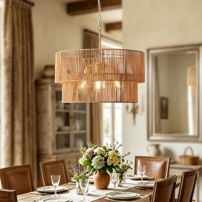 23.62in  Handwoven Woven Paper Rattan Chandelier, 2-Tier Boho Wabi-Sabi Pendant Light, Gold Metal Hanging Ceiling Lamp, Wicker Lighting Fixture For Dining Room Kitchen Island Living Room