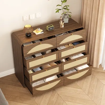 Transform Your Space with This Stylish 8-Drawer Dresser Featuring Chic Rattan Fronts for Effortless Organization