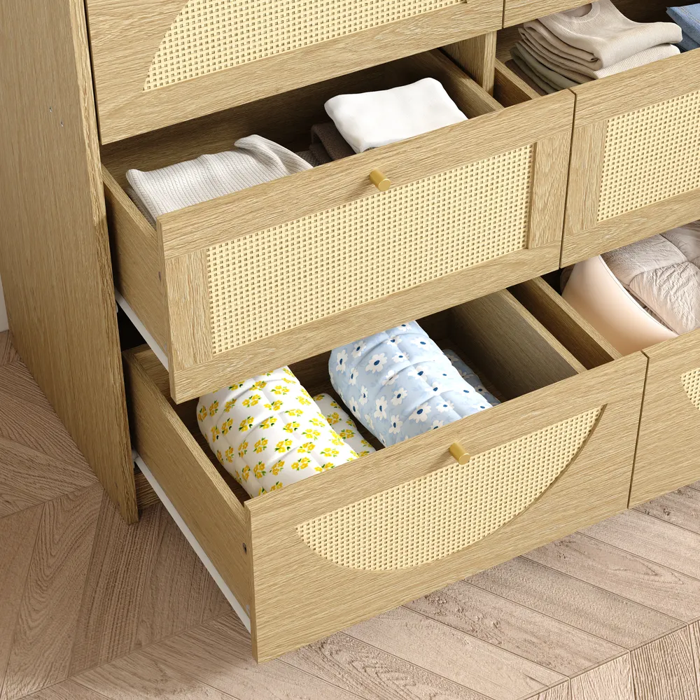 Elevate Your Space with a 9-Drawer Dresser Featuring Rattan Detail for Ultimate Bedroom Organization